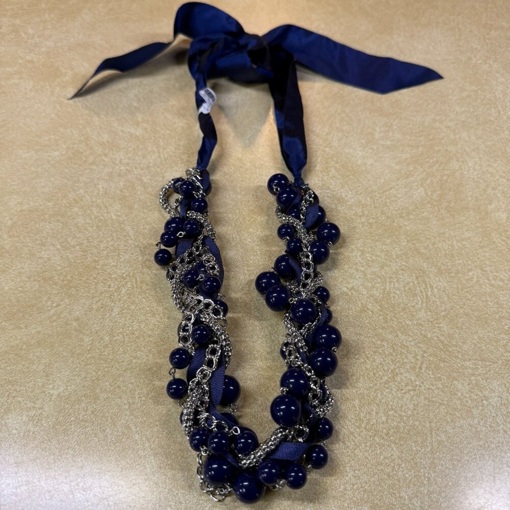 Loft Blue Bauble Necklace w/Silver Chain Interwoven - Fabric Tie - 48 inches